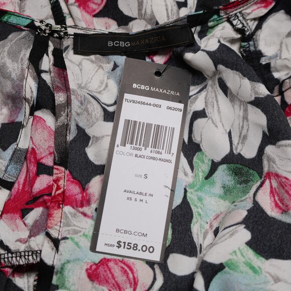BCBGMaxazria Floral Faux Wrap Romper Black White Pink Green Cap Sleeve Size S - Picture 8 of 11